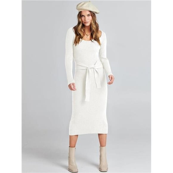 White Ribbed Knit Tie Front Bodycon Long Sleeve Belted Midi Sweater Dress - Picture 5 of 6